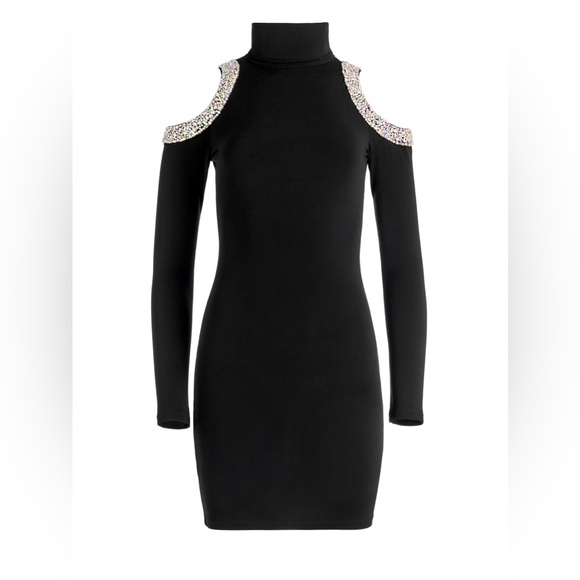 ALICE + OLIVIA Delora Embellished Shoulder cutout turtle neck mini Black Dress 2 - Picture 2 of 16